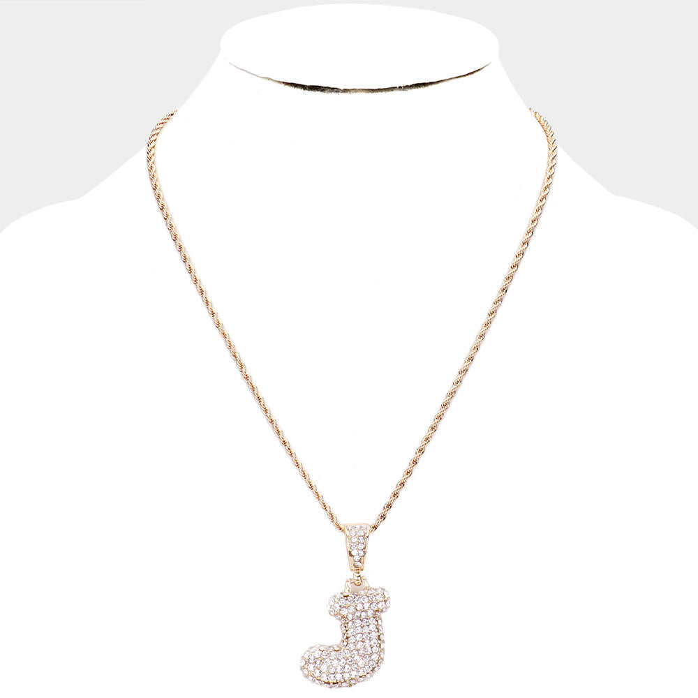 'J' Rhinestone Monogram Pendant Brass Chain Necklace U
