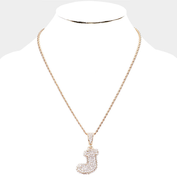'J' Rhinestone Monogram Pendant Brass Chain Necklace