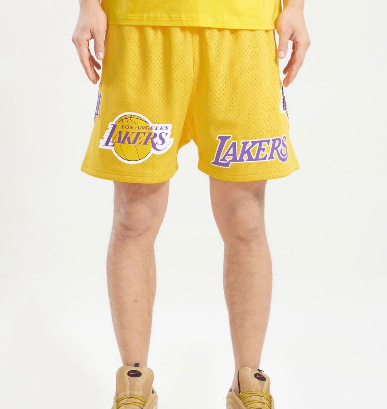 NW Lakers Big Embroidered Basketball Pants Retro Mesh Shorts Mens  Basketball Shorts (Yellow, XXL)