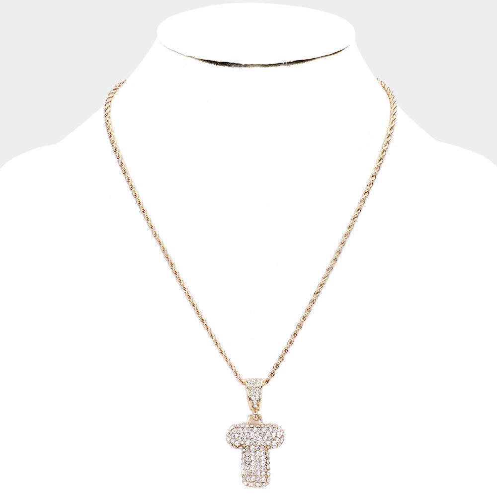 'T' Rhinestone Monogram Pendant Brass Chain Necklace U