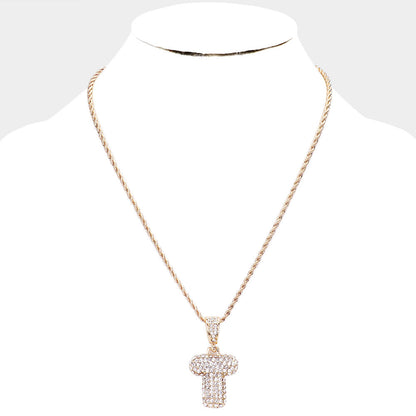 'T' Rhinestone Monogram Pendant Brass Chain Necklace U