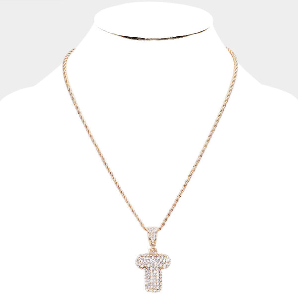 'T' Rhinestone Monogram Pendant Brass Chain Necklace U