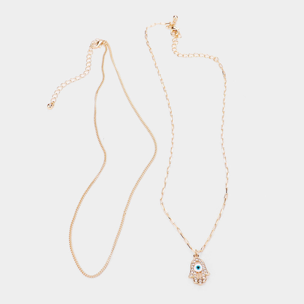 2PCS - Evil Eye Hamsa Hand Pendant Necklaces w/Earring U