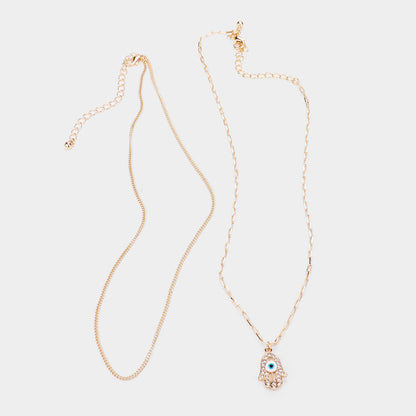 2PCS - Evil Eye Hamsa Hand Pendant Necklaces w/Earring U