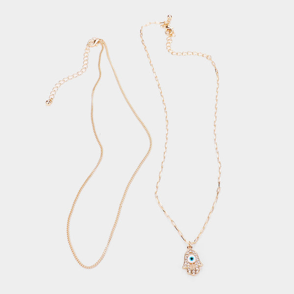2PCS - Evil Eye Hamsa Hand Pendant Necklaces w/Earring U