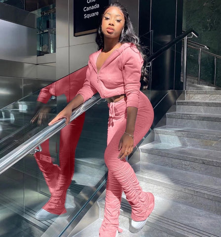 Crytsal Pink Hoody w/ Stacked Sweatpants 2 Piece Sweatsuit (Pink)