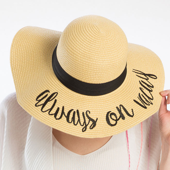'Always on Vacay' Embroidery Straw Floppy Sun Hat U