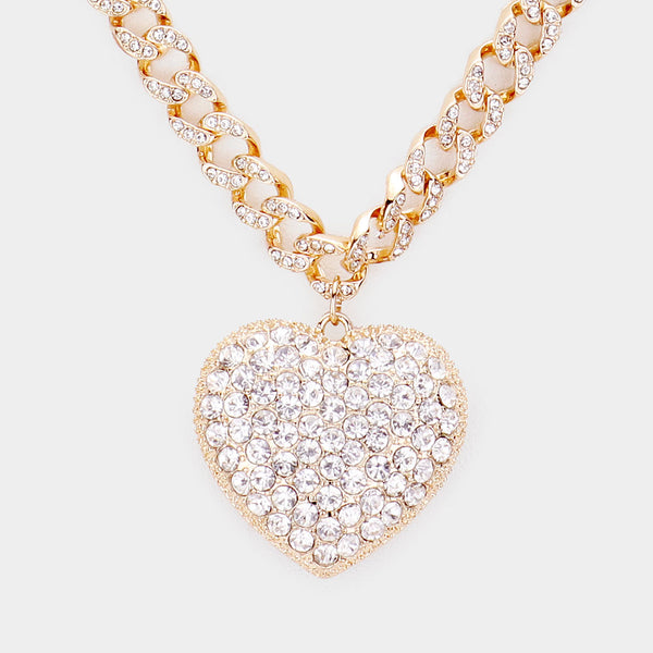 Rhinestone Embellished Heart Pendant Necklace w/Earring
