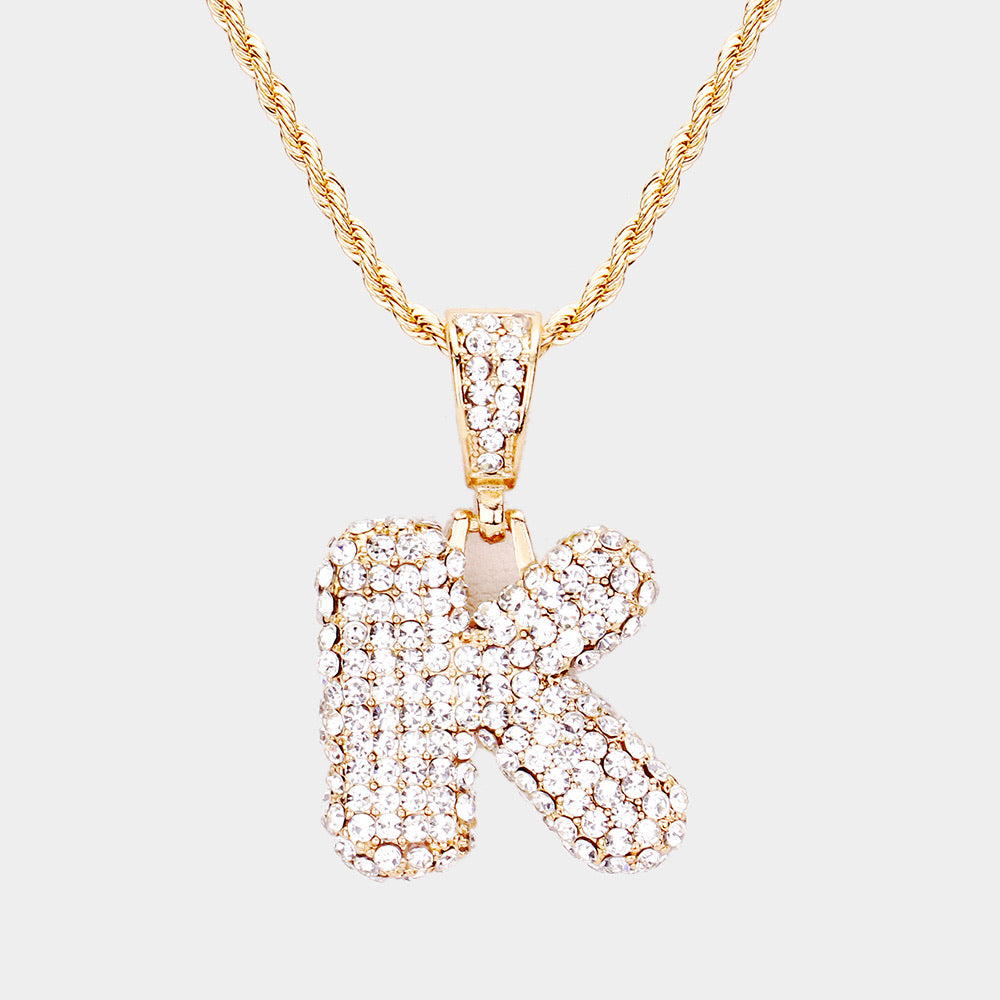 'K' Rhinestone Monogram Pendant Brass Chain Necklace U