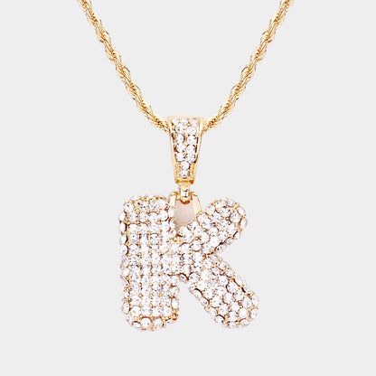 'K' Rhinestone Monogram Pendant Brass Chain Necklace U