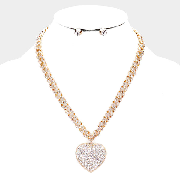 Rhinestone Embellished Heart Pendant Necklace w/Earring
