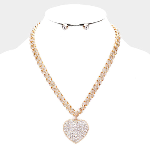 Rhinestone Embellished Heart Pendant Necklace w/Earring
