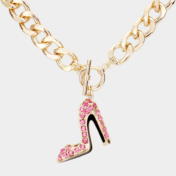 Stone Embellished Stiletto Heel Pendant Toggle Necklace U