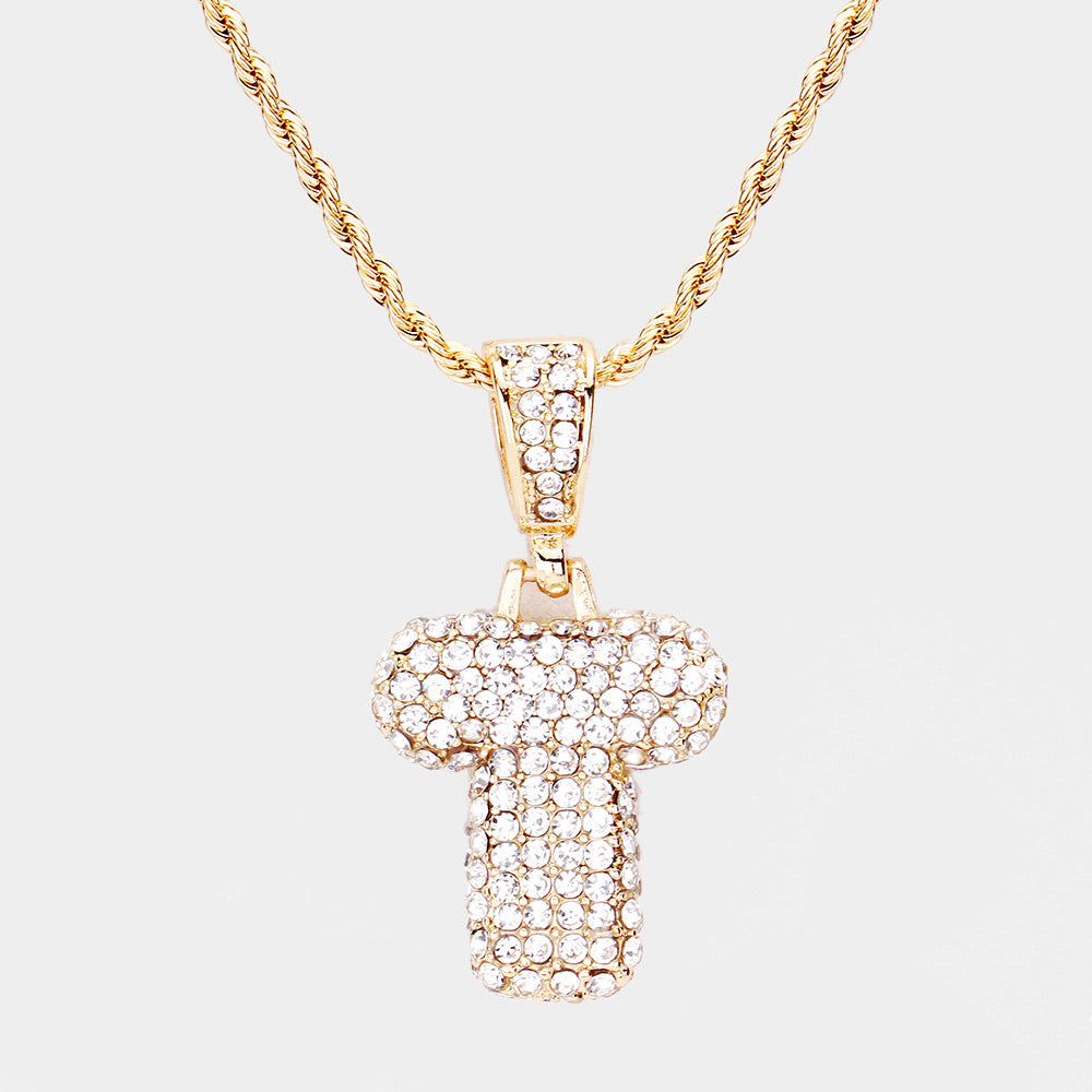 'T' Rhinestone Monogram Pendant Brass Chain Necklace U