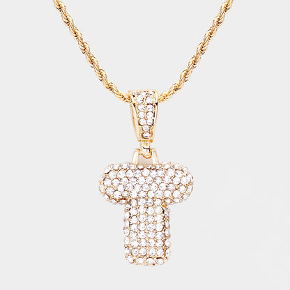 'T' Rhinestone Monogram Pendant Brass Chain Necklace U