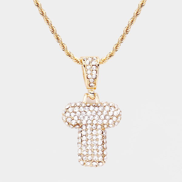 'T' Rhinestone Monogram Pendant Brass Chain Necklace