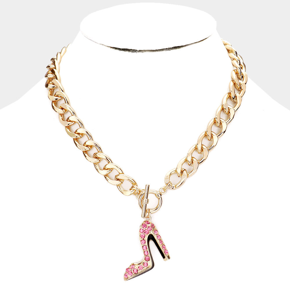 Stone Embellished Stiletto Heel Pendant Toggle Necklace U