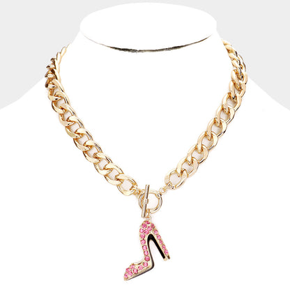 Stone Embellished Stiletto Heel Pendant Toggle Necklace U