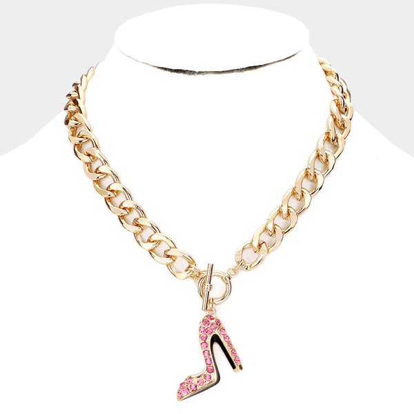 Stone Embellished Stiletto Heel Pendant Toggle Necklace U