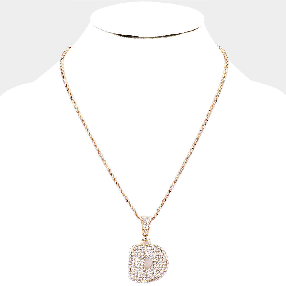 D' Rhinestone Monogram Pendant Brass Chain Necklace U