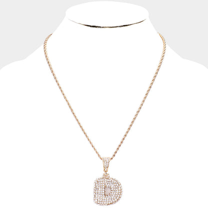 D' Rhinestone Monogram Pendant Brass Chain Necklace U