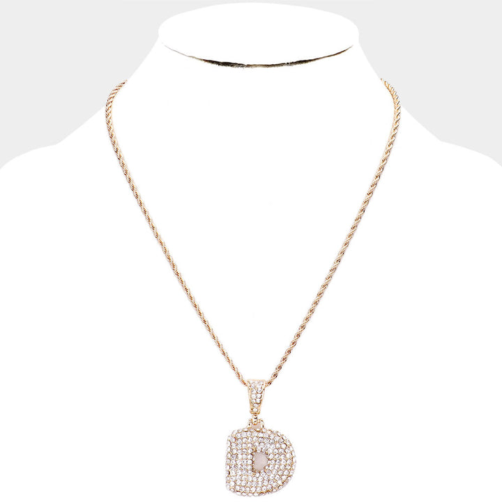 D' Rhinestone Monogram Pendant Brass Chain Necklace U