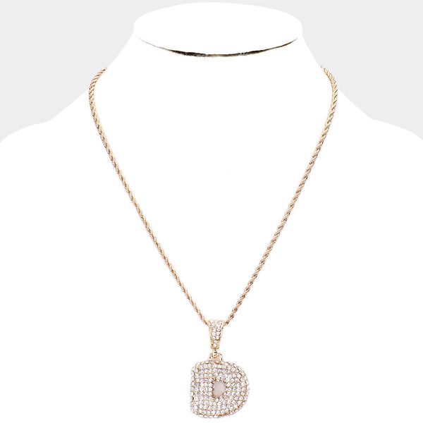 D' Rhinestone Monogram Pendant Brass Chain Necklace