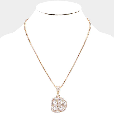 D' Rhinestone Monogram Pendant Brass Chain Necklace