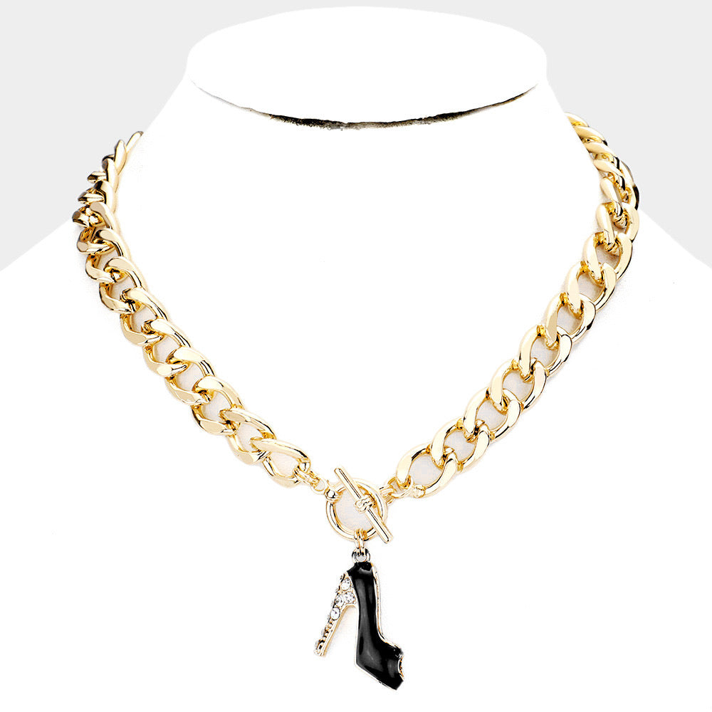 Stone Embellished Stiletto Heel Pendant Toggle Necklace U