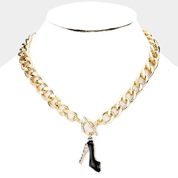 Stone Embellished Stiletto Heel Pendant Toggle Necklace U