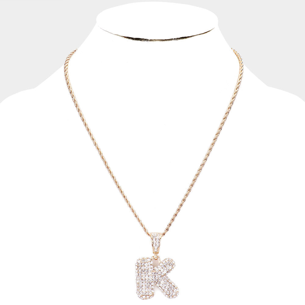 'K' Rhinestone Monogram Pendant Brass Chain Necklace U