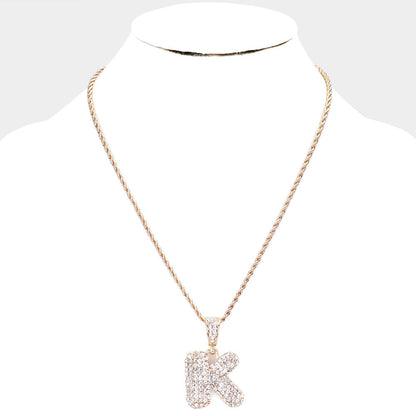 'K' Rhinestone Monogram Pendant Brass Chain Necklace U