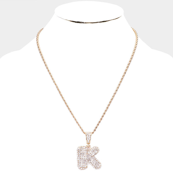 'K' Rhinestone Monogram Pendant Brass Chain Necklace U