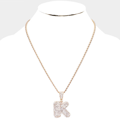 'K' Rhinestone Monogram Pendant Brass Chain Necklace