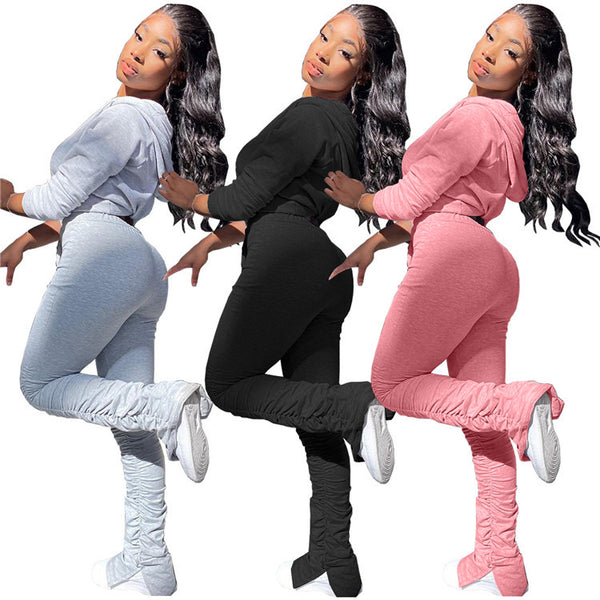 Crytsal Black Hoody w/ Stacked Sweatpants 2 Piece Sweatsuit (Black)