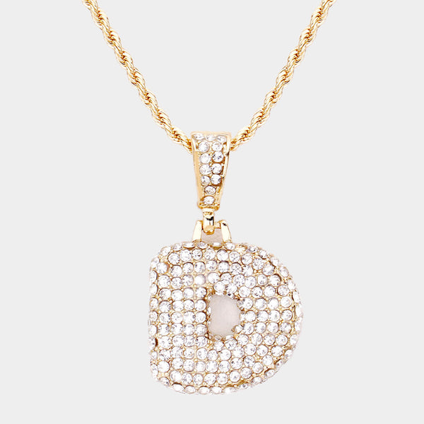 D' Rhinestone Monogram Pendant Brass Chain Necklace